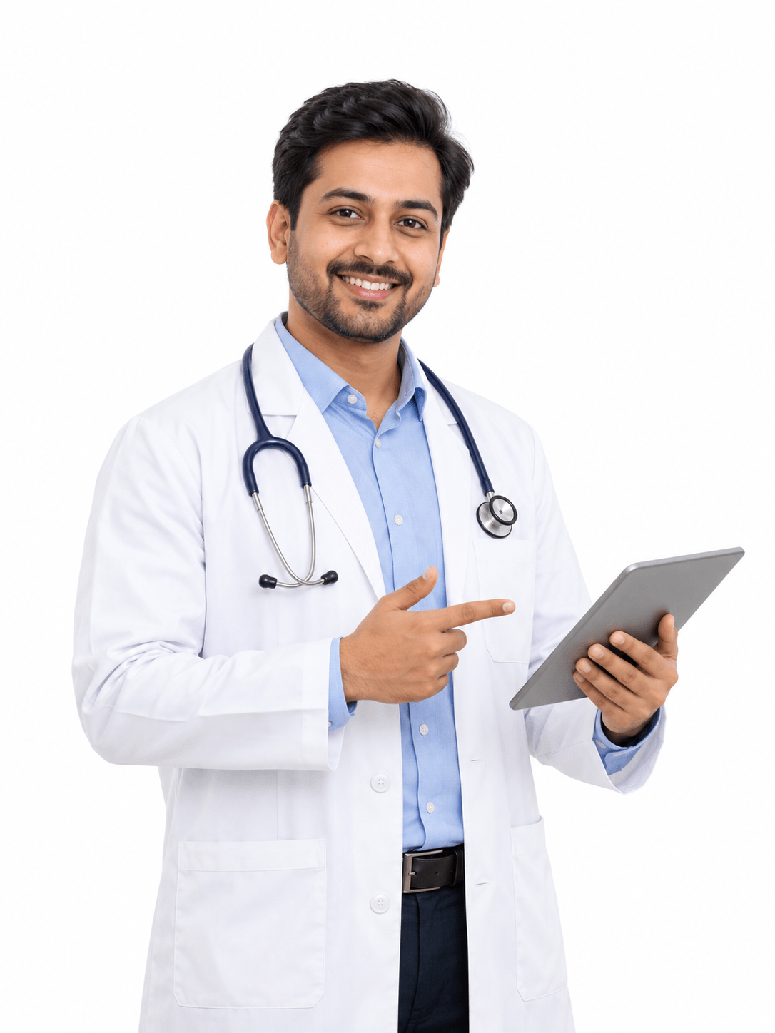 Doctor explaining a lab report on a tablet